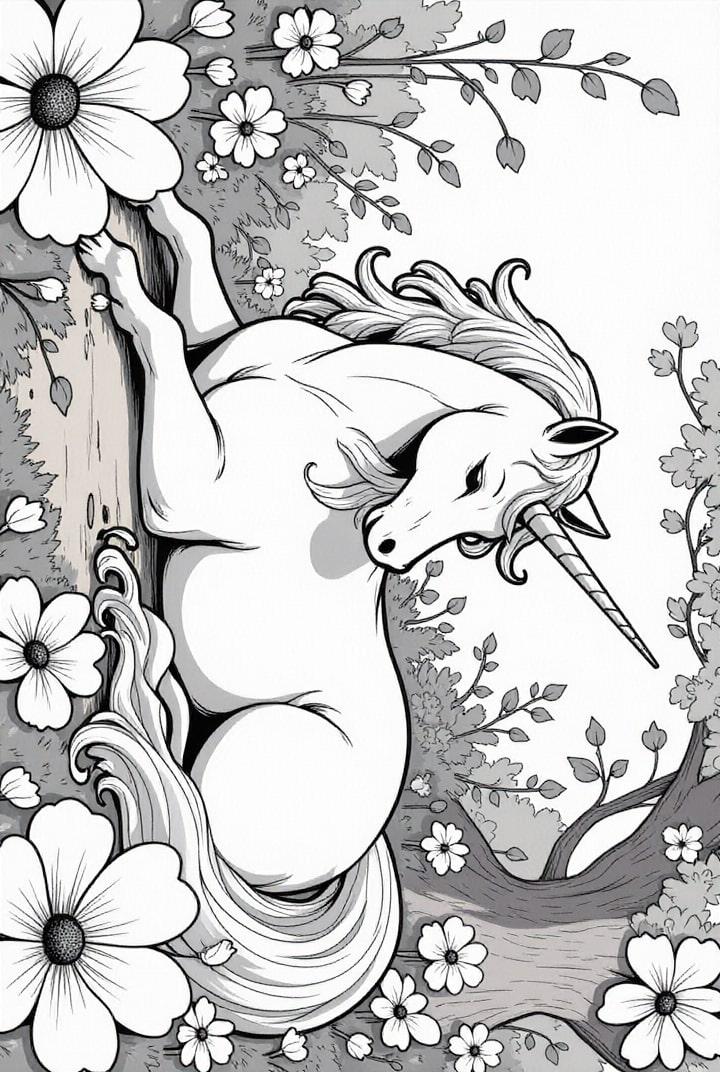 unicornio descansando en el bosque