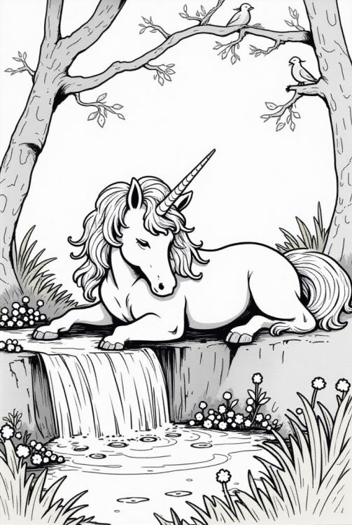 Unicornio descansando junto al rÃ­o
