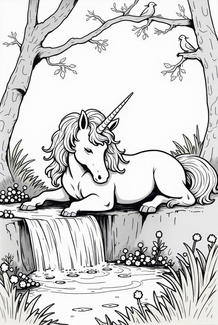 Dibujo para colorear Unicornio descansando junto al rÃ­o
