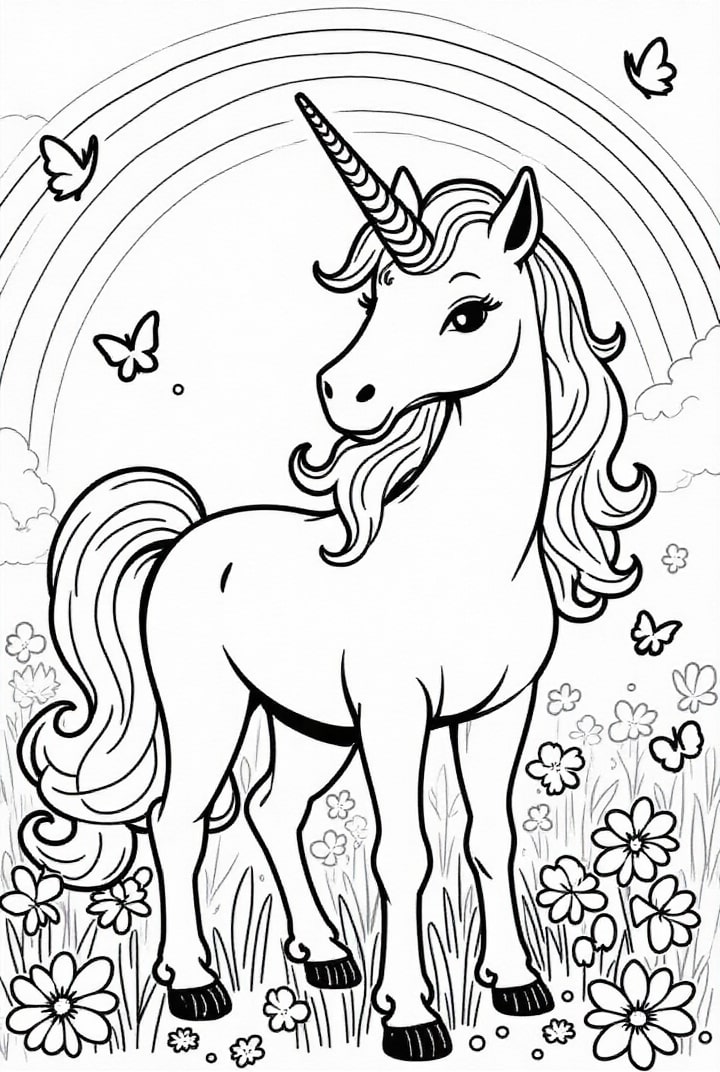 Dibujo para colorear unicornio en el campo