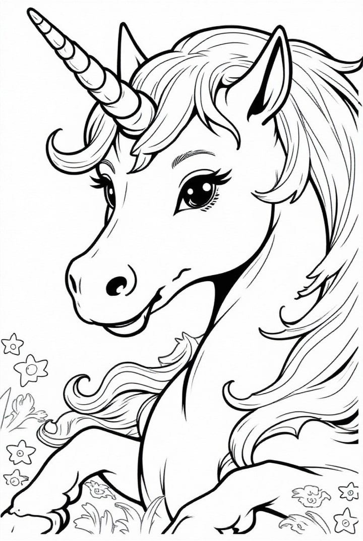 Dibujo para colorear unicornio en el prado
