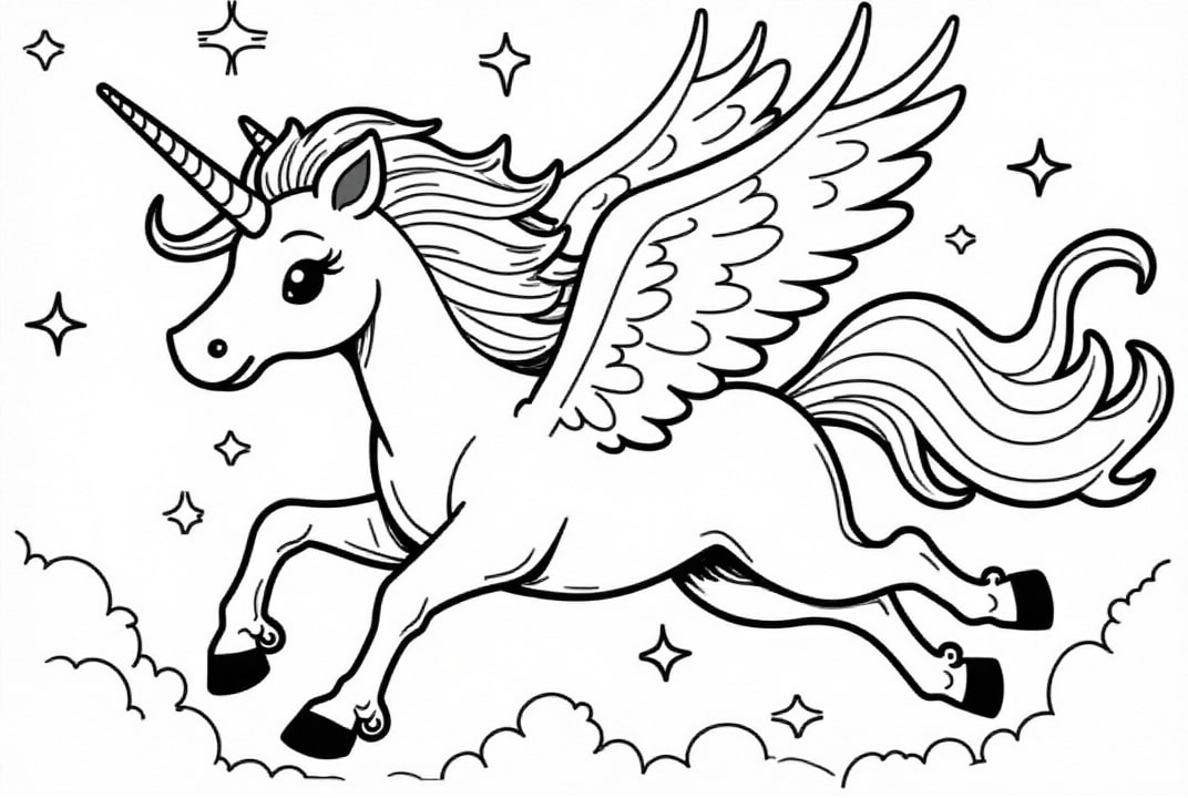 Dibujo para colorear unicornio en la noche estrellada