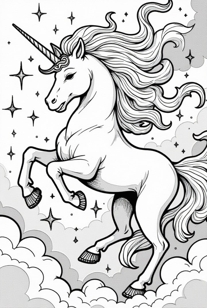 Dibujo para colorear Unicornio en la noche mÃ¡gica