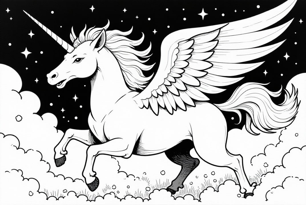 Dibujo para colorear unicornio en la noche