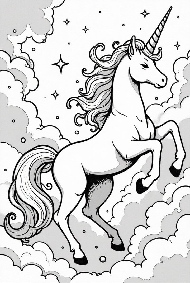 Dibujo para colorear unicornio en las nubes