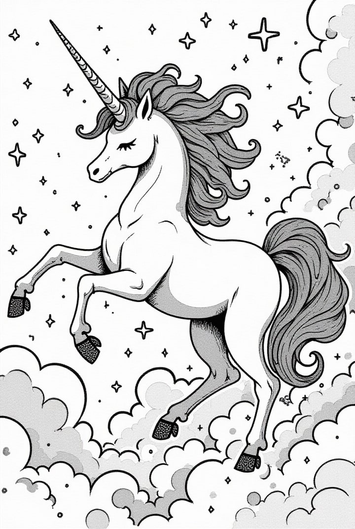 Dibujo para colorear Unicornio mÃ¡gico con estrellas