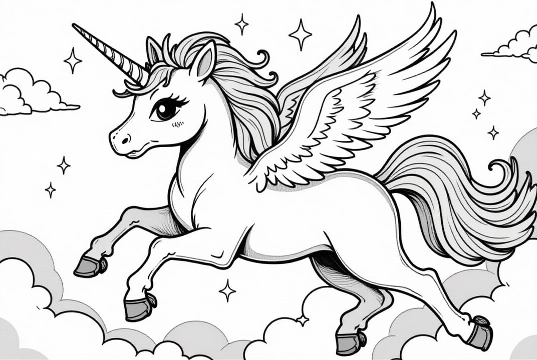 Dibujo para colorear unicornio volando por el cielo