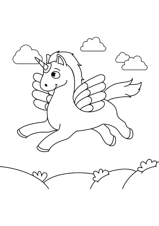 Dibujo para colorear unicornio vuela en el cielo