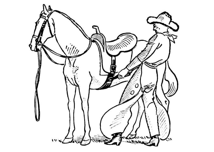 Dibujo para colorear vaquero ensillando caballo