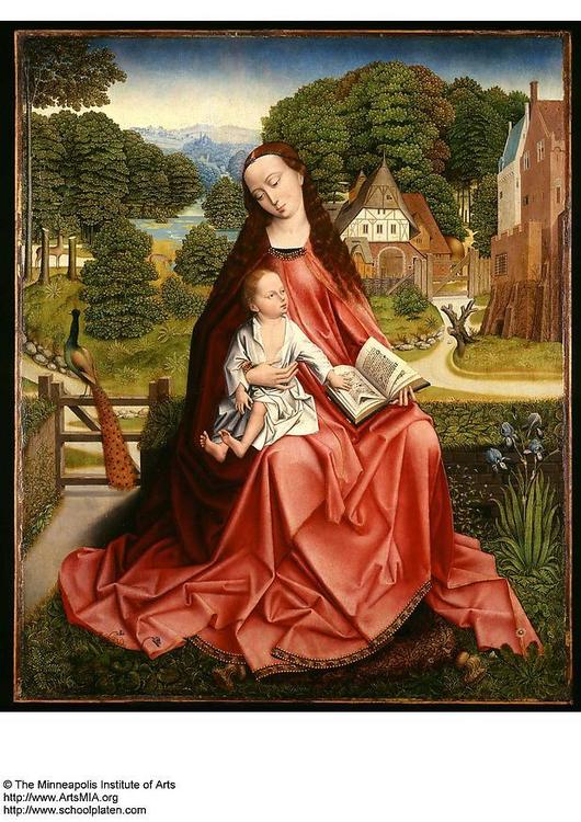 Virgen y hijo con paisaje