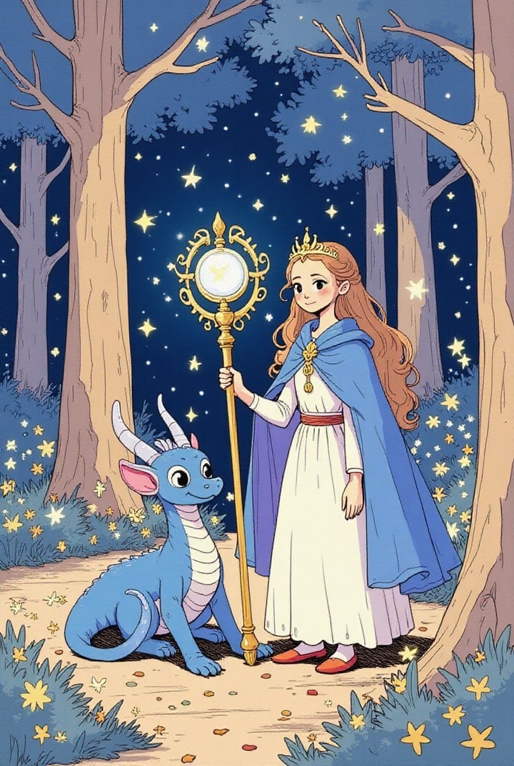 Imagen Princesa en el bosque mÃ¡gico con dragÃ³n.
