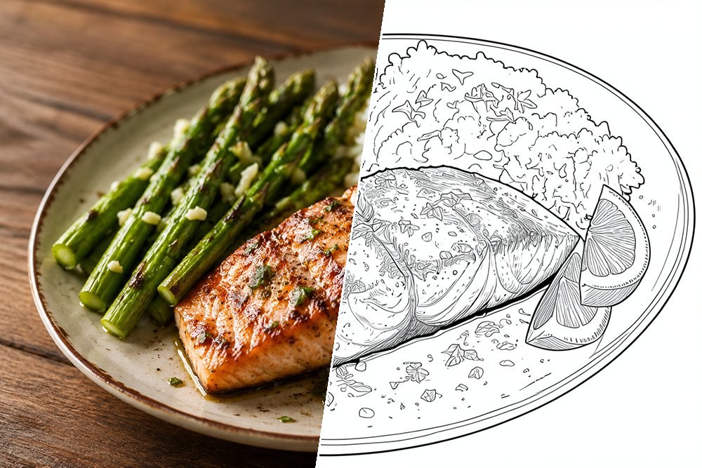 Foto de un plato convertida en un dibujo para colorear