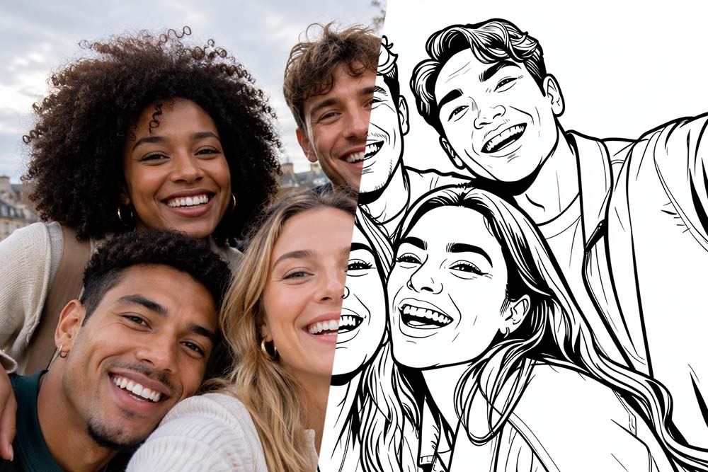 Foto de grupo con amigos convertida en un dibujo para colorear
