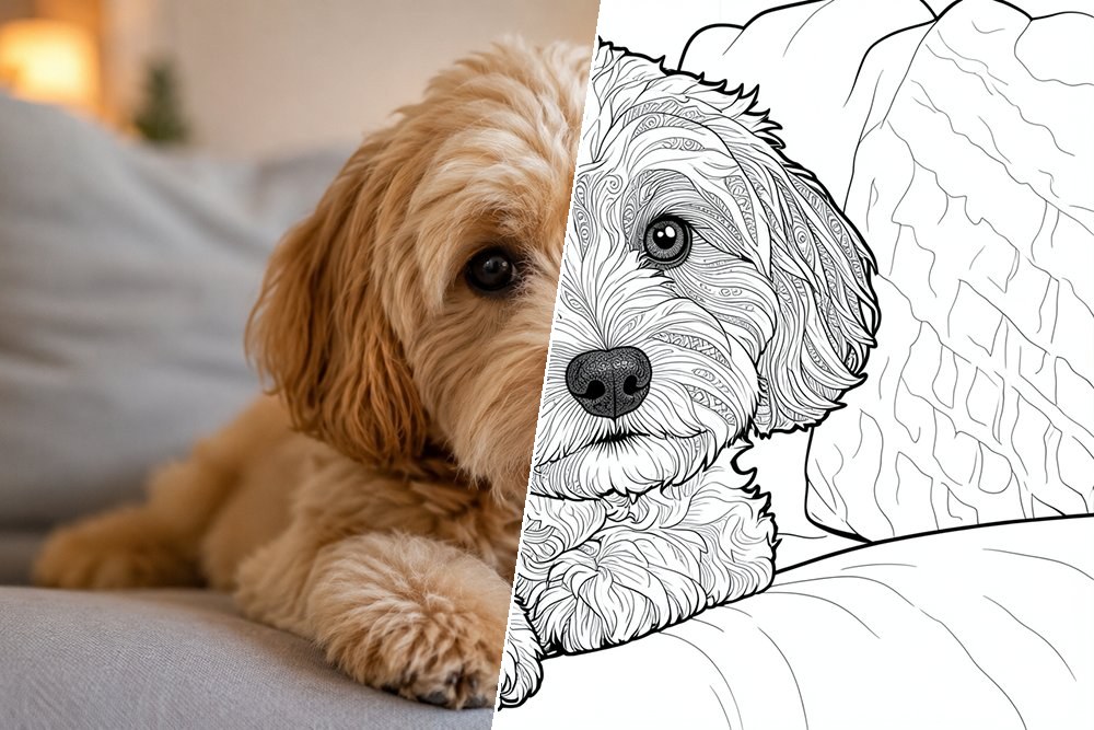 Foto de un perro convertida en un dibujo para colorear