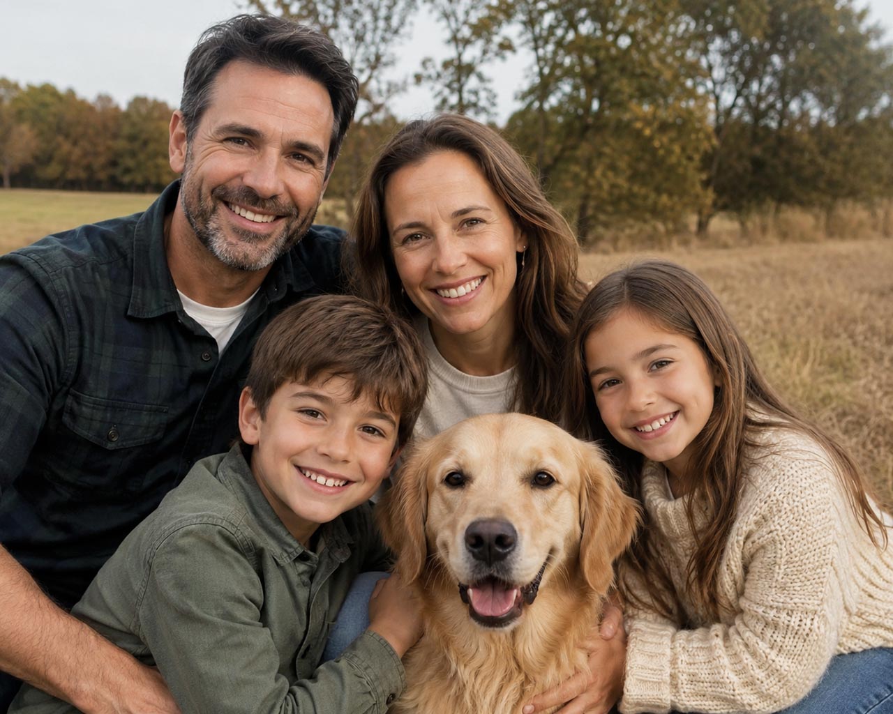 Foto en color original de una familia con un perro