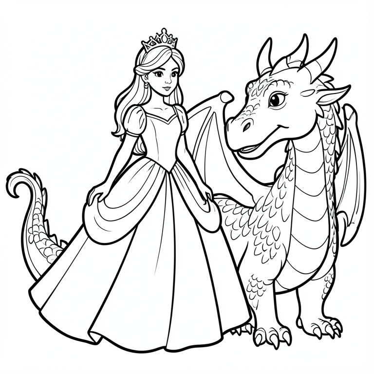 Dibujo para colorear princesa y dragón