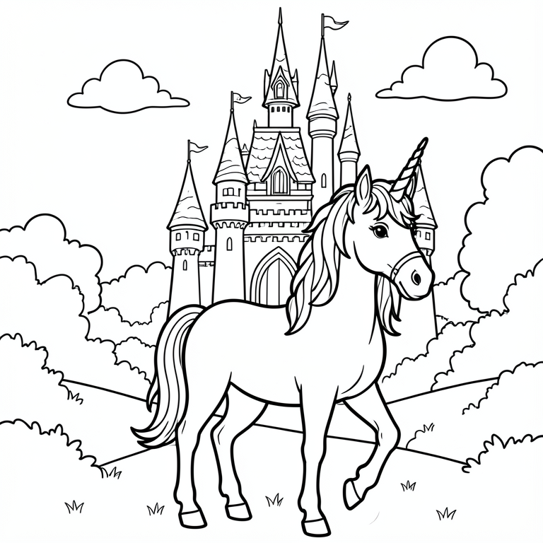 Dibujo para colorear unicornio y castillo