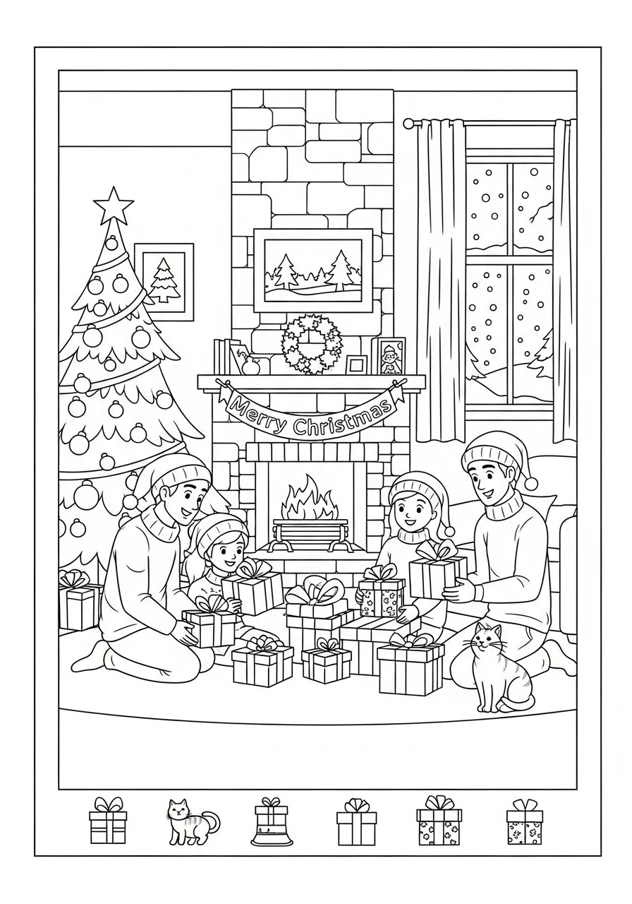 abriendo regalos en casa para navidad Dibujo para colorear abriendo regalos en casa para navidad