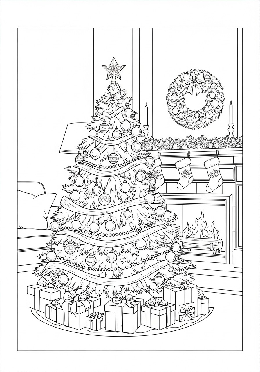 Arbol de navidad con calcetines navidenos Dibujo para colorear Arbol de navidad con calcetines navidenos
