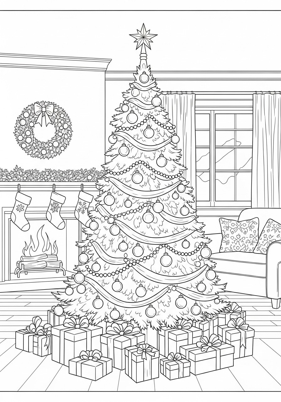 Dibujo para colorear Arbol de navidad con regalos