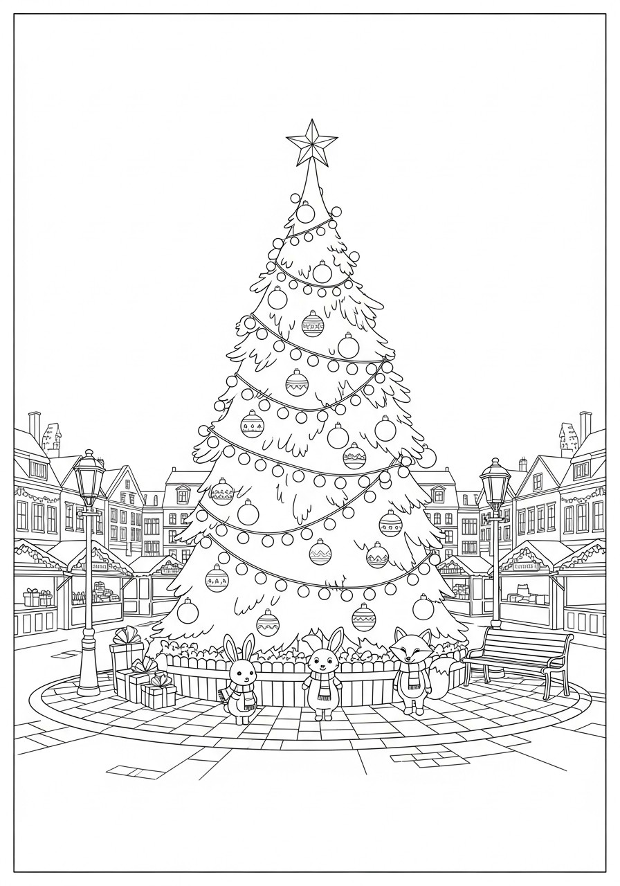 Arbol de navidad en la ciudad Dibujo para colorear Arbol de navidad en la ciudad