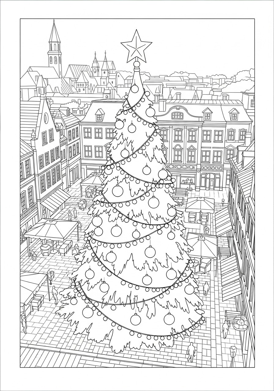 Dibujo para colorear Arbol de navidad en la plaza