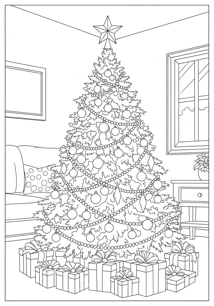 Dibujo para colorear Arbol de navidad en la sala de estar