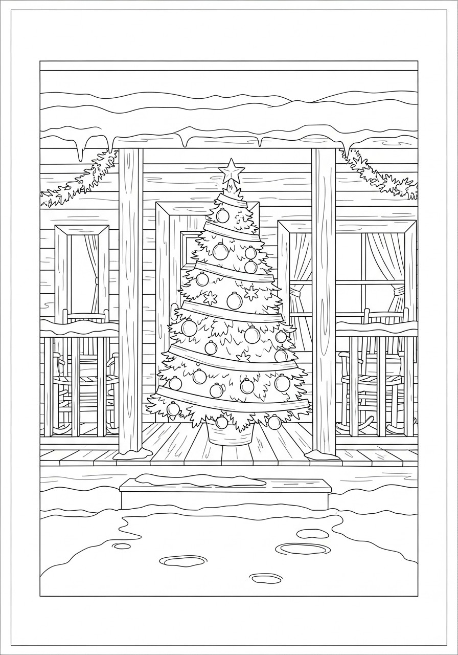 Dibujo para colorear Arbol de navidad en la terraza