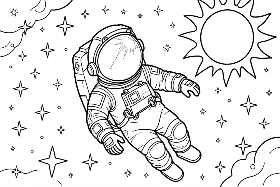 astronauta en el espacio con las estrellas y el sol Dibujo para colorear astronauta en el espacio con las estrellas y el sol