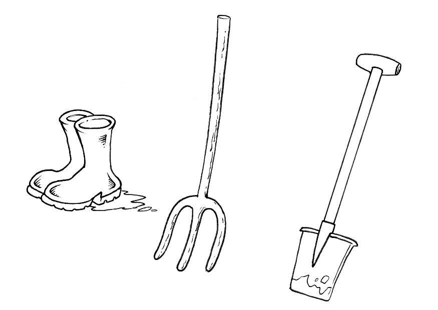 Dibujo para colorear botas, horca y pala