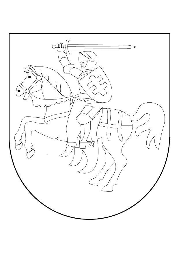 Dibujo para colorear caballero a caballo en escudo