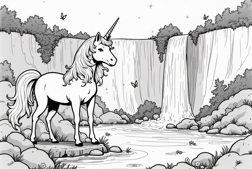 cascada con unicornio Dibujo para colorear cascada con unicornio