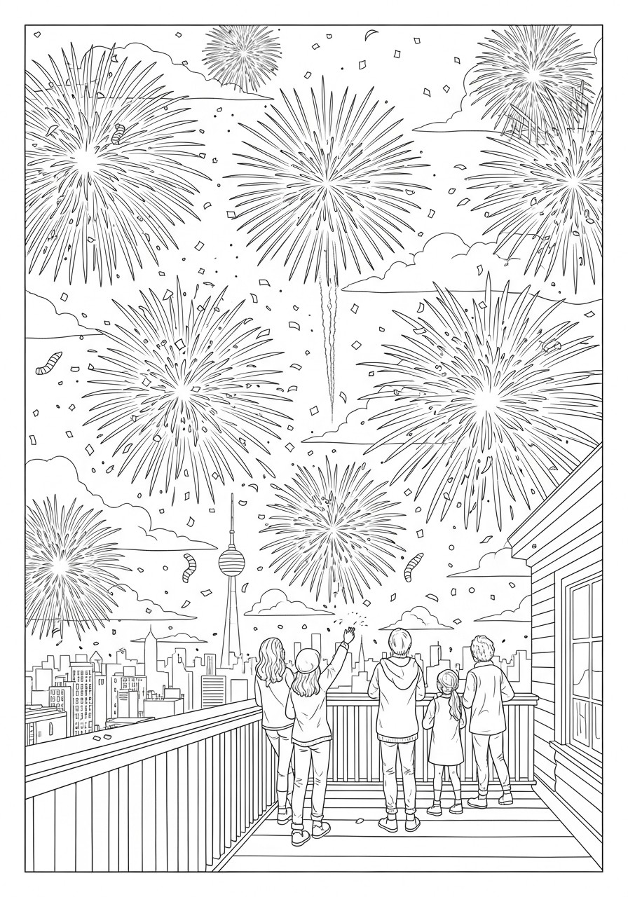 celebrando el ano nuevo con fuegos artificiales Dibujo para colorear celebrando el ano nuevo con fuegos artificiales