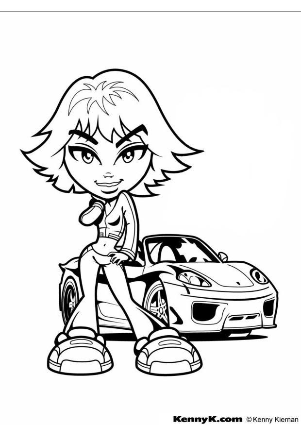 chica con coche Dibujo para colorear chica con coche