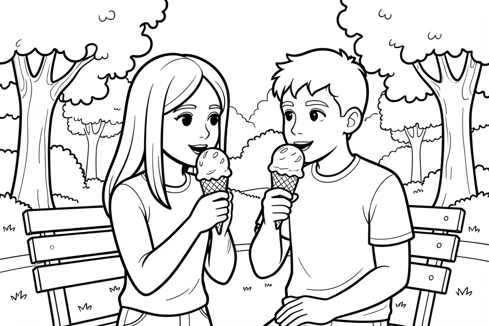 comer helado en el parque Dibujo para colorear comer helado en el parque