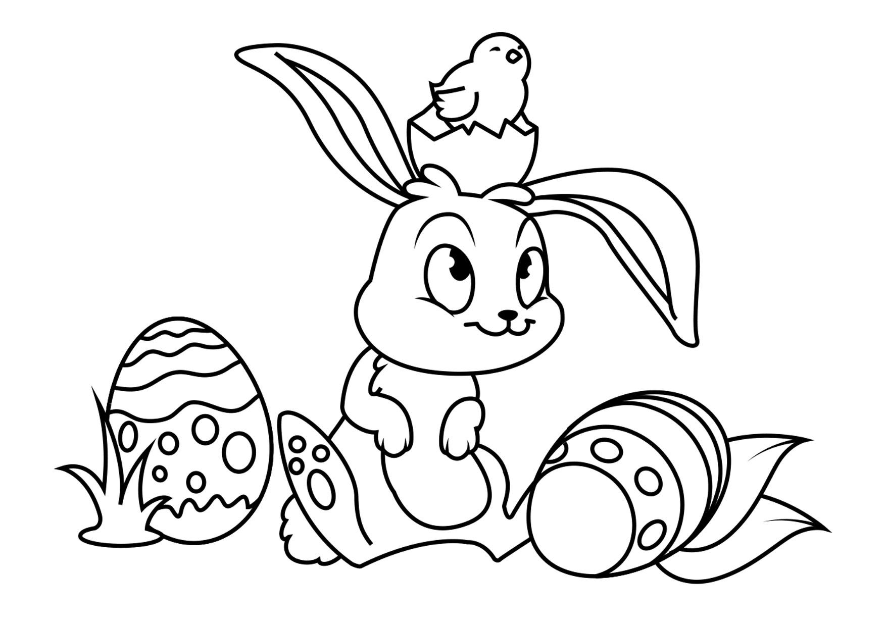 Dibujo para colorear conejito de pascua con pollito de pascua