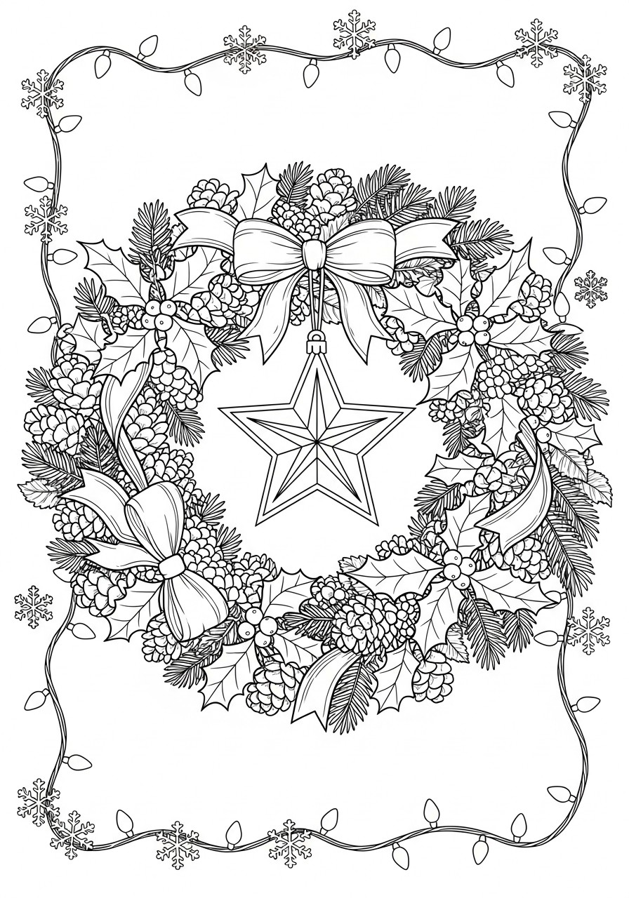 Dibujo para colorear corona navidena con luces