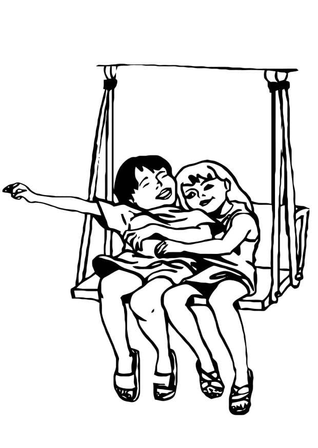 Dibujo para colorear amigos en columpio