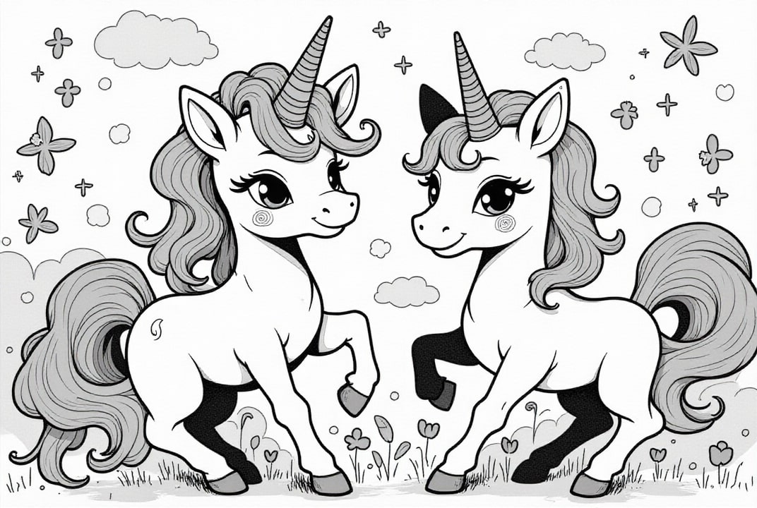 Dibujo para colorear amigos unicornios en el prado