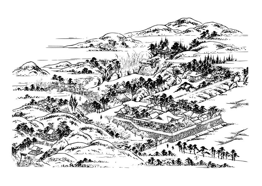 Dibujo para colorear antiguo pueblo japonA©s