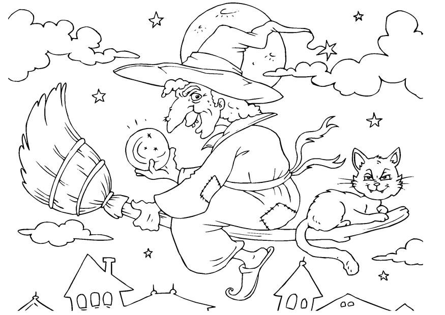 Dibujo para colorear bruja en escoba