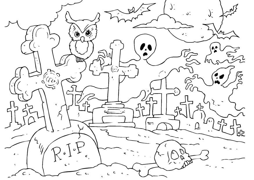 Dibujo para colorear cementerio de halloween