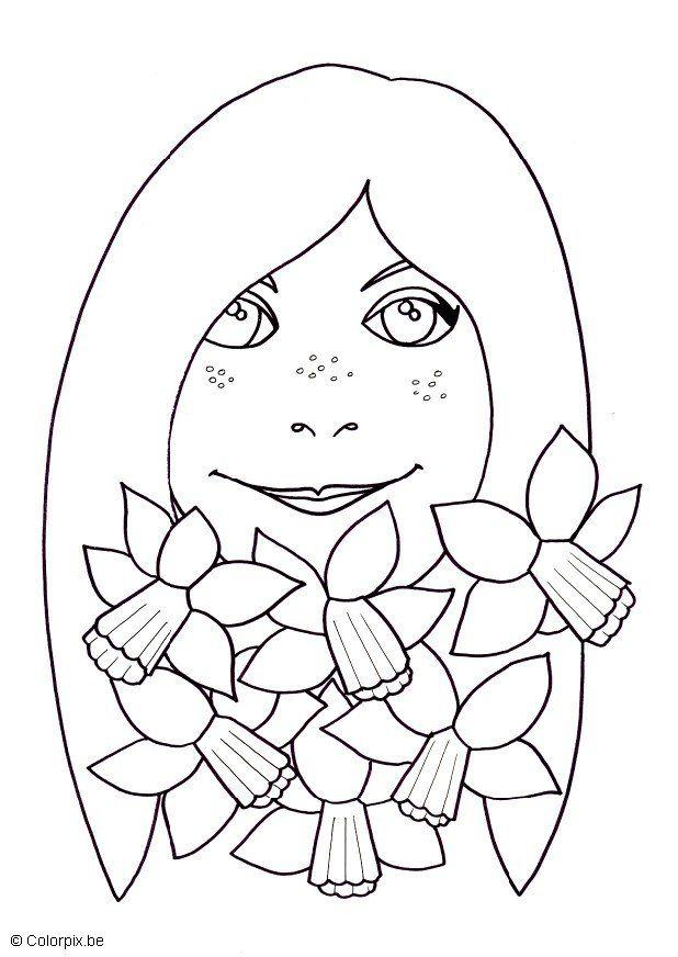 Dibujo para colorear chica con narcisos