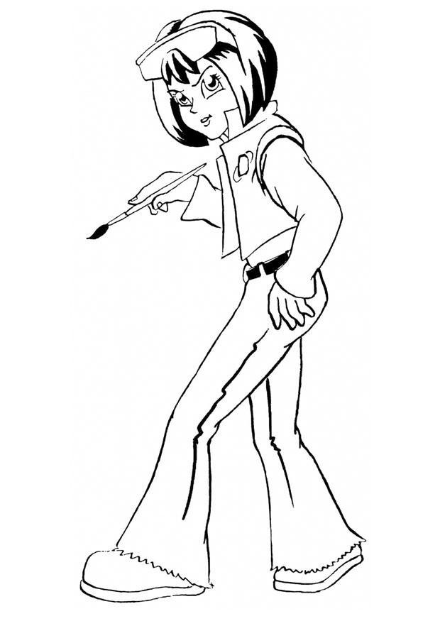 Dibujo para colorear chica con pincel