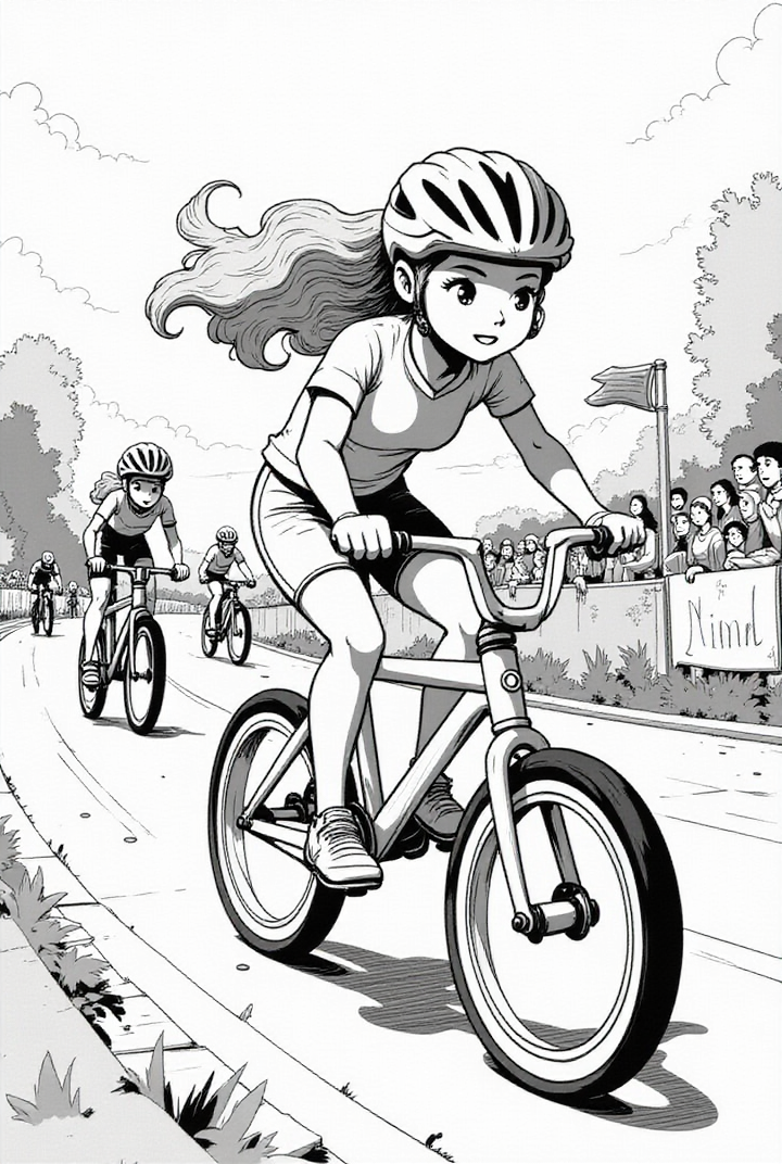 Dibujo para colorear chica en carrera de bicicletas 