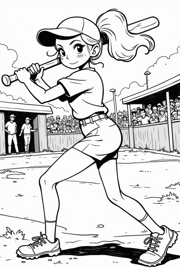 Dibujo para colorear chica en un partido de bA©isbol