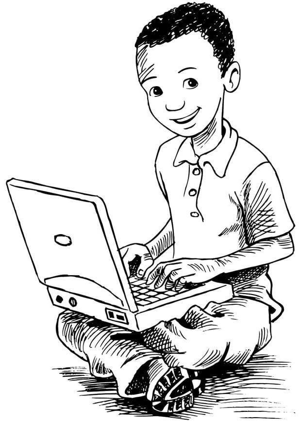 Dibujo para colorear chico en la computadora portA¡til