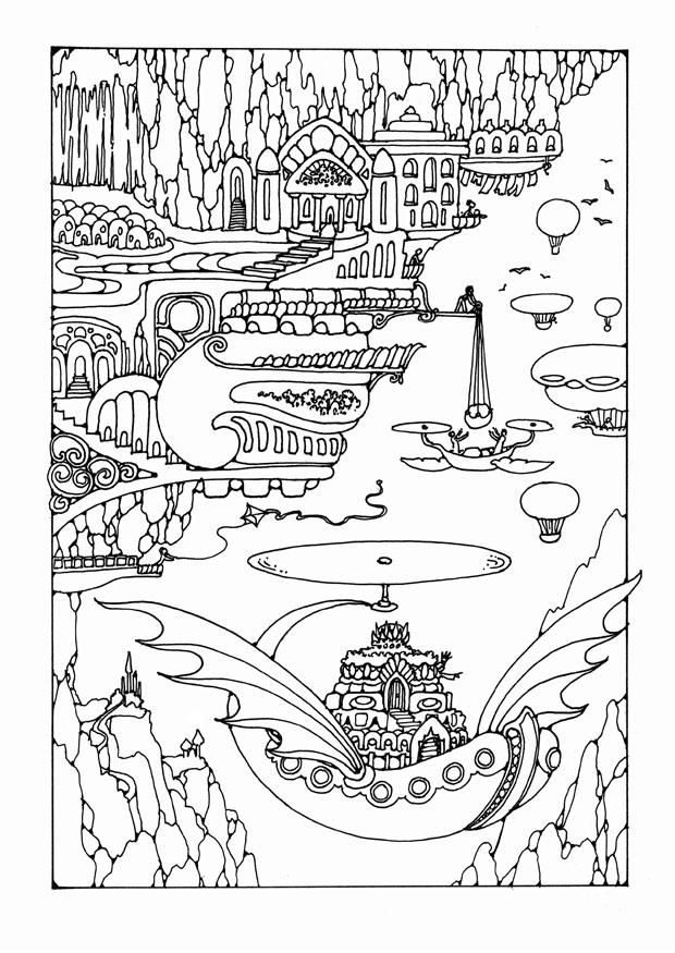 Dibujo para colorear ciudad de cuento con vehA­culos