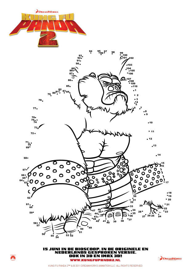 Dibujo para colorear conecta los puntos - kung fu panda 2