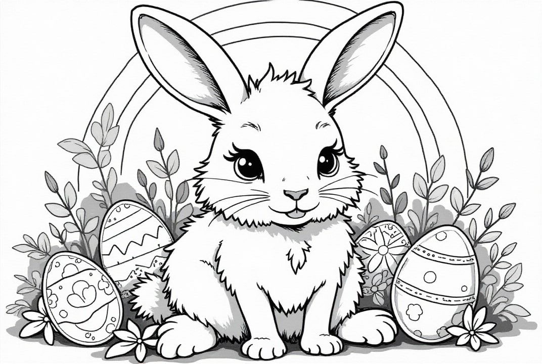 Dibujo para colorear conejito de pascua con huevos de pascua en el jardA­n.
